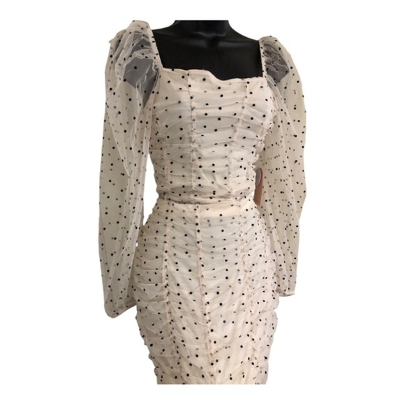 Cream 2pc polka dot chiffon tulle tufted sheer sleeve blouse &‎ skirt set size L - Picture 4 of 17